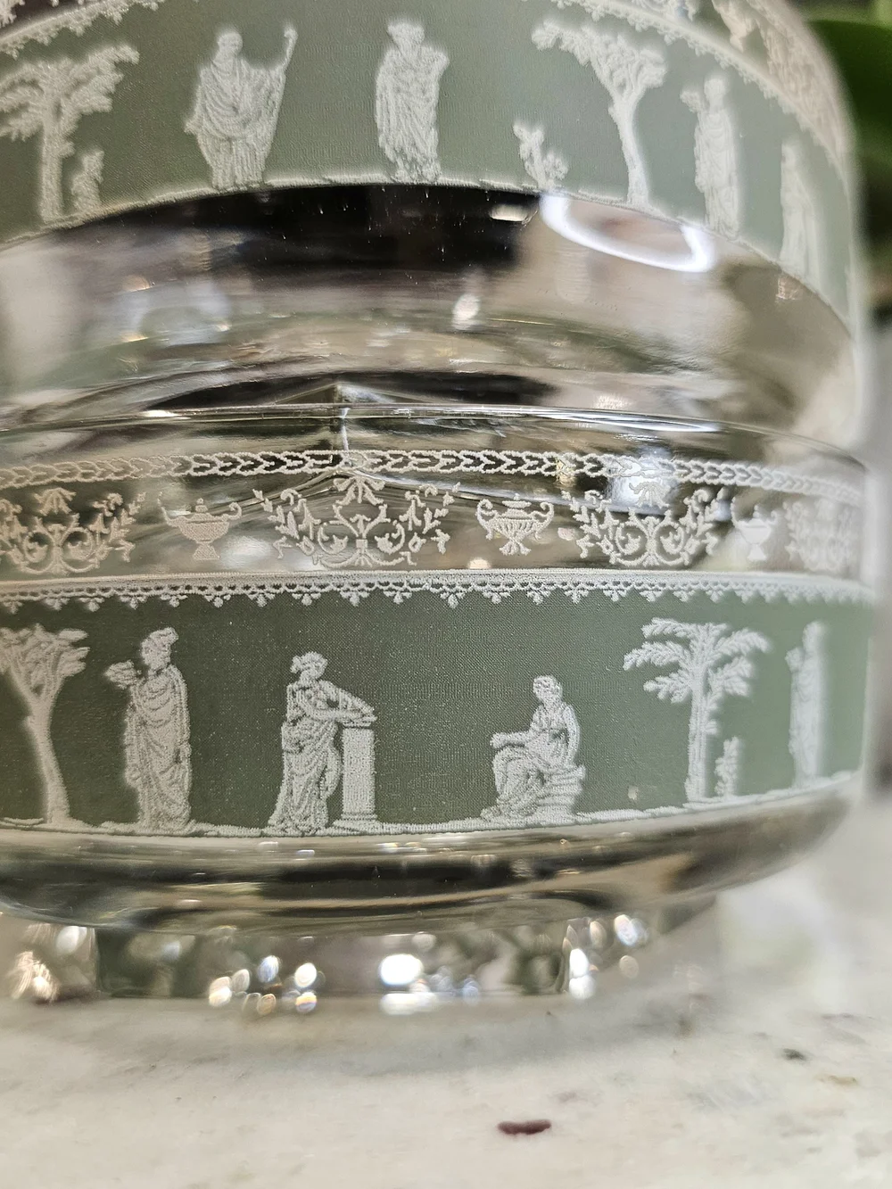 Vintage Jeannette Glass Pedestal Nappy Bowl Green Band Greco Roman 1960 Set 2
